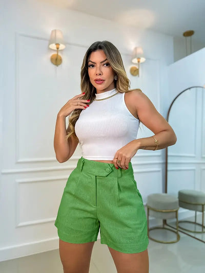 Annora - Pantaloncini Casuale a Vita Alta Con Bottoni