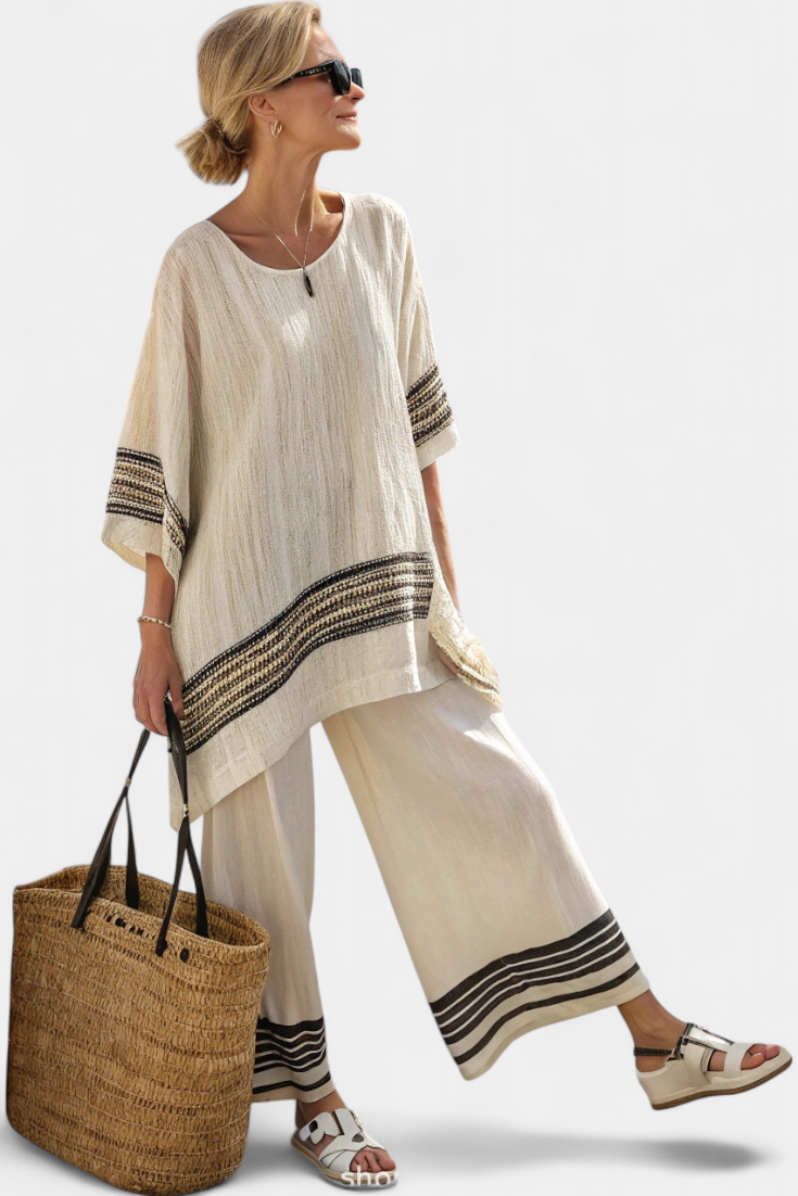 Anila - Elegante Completo Due Pezzi In Lino Con Disegno a Righe