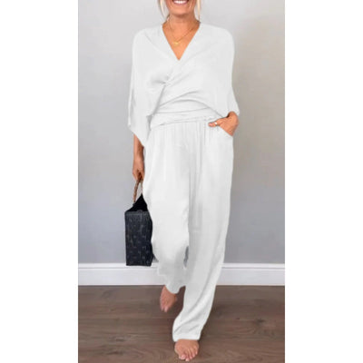 Samira - Top Con Scollo a V e Pantaloni in Cotone Mercerizzato