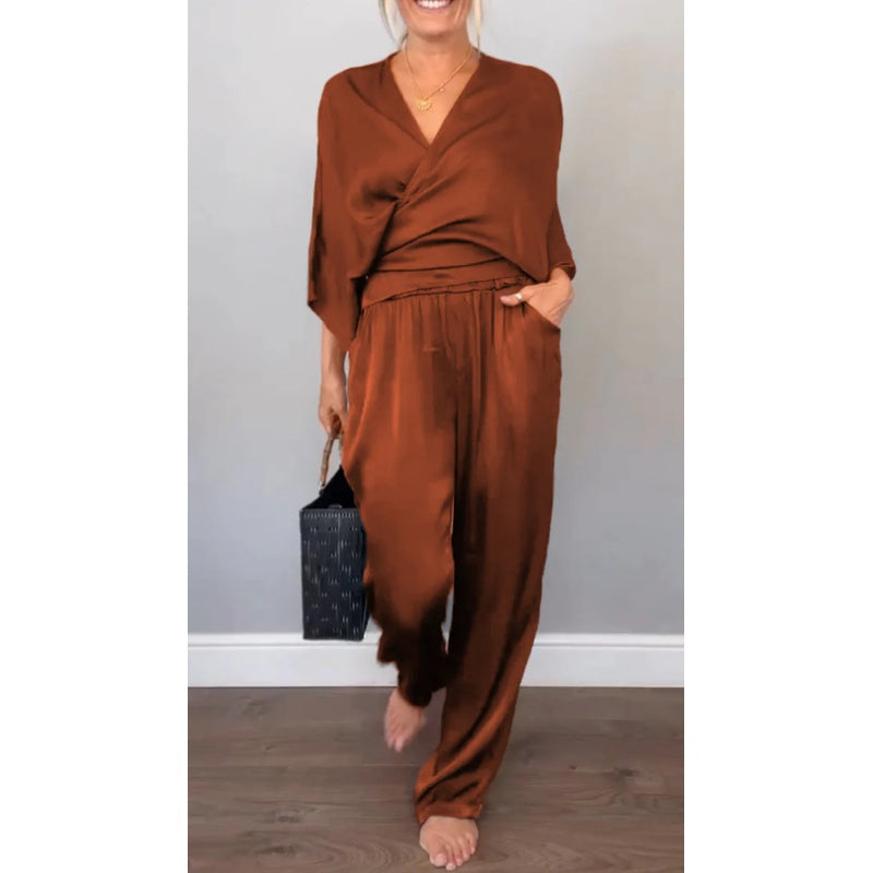 Samira - Top Con Scollo a V e Pantaloni in Cotone Mercerizzato