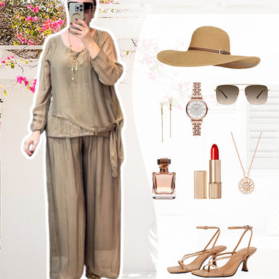 Quirinia - Completo con Blusa con Paillettes e Pantaloni a Gamba Larga