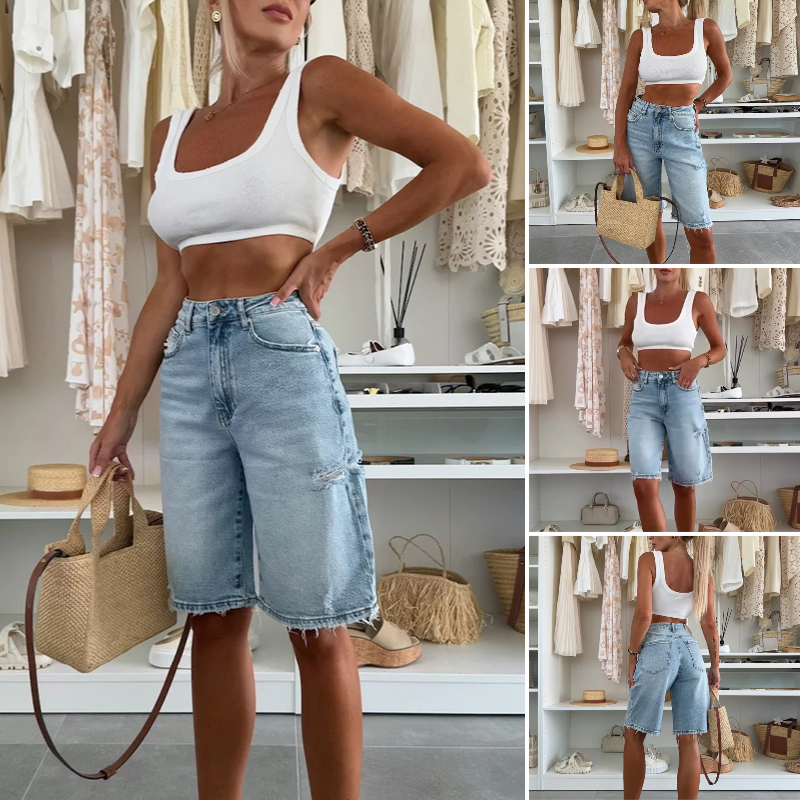 Pantaloni midi in denim retrò distrutti