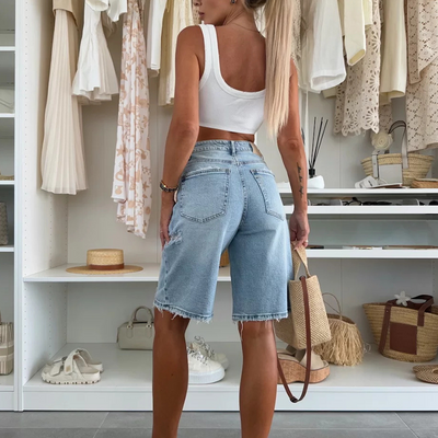 Pantaloni midi in denim retrò distrutti